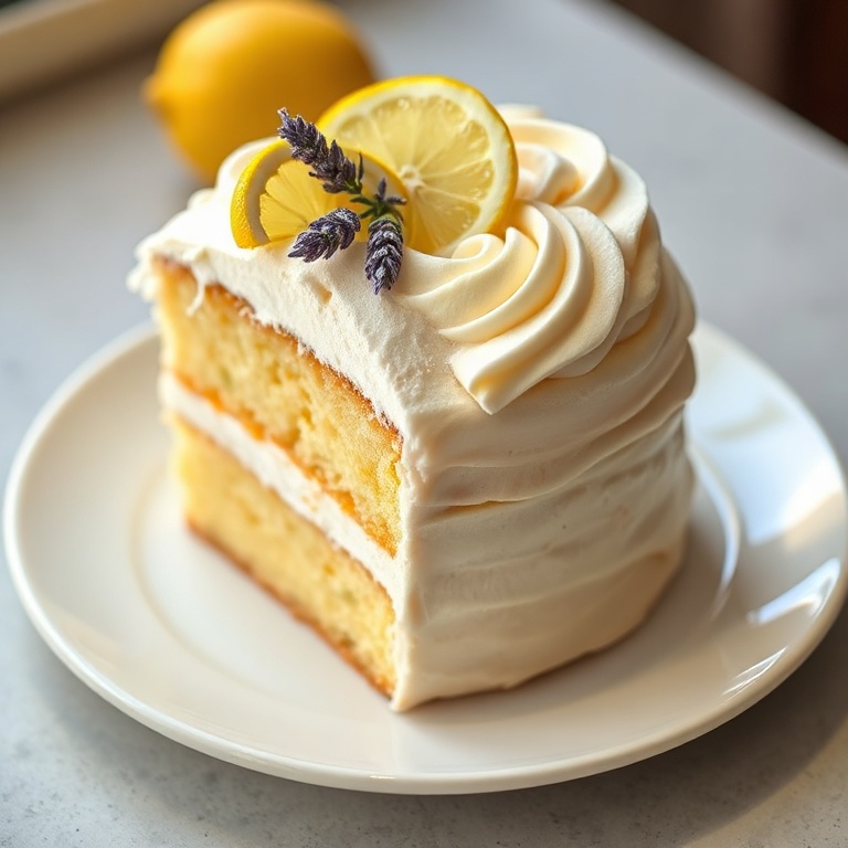 Perfectly plated lemon lavender cake. Buttercream swirls. Lemon slice and lavender flower garnish. White plate. Warm lighting. Food photography style.