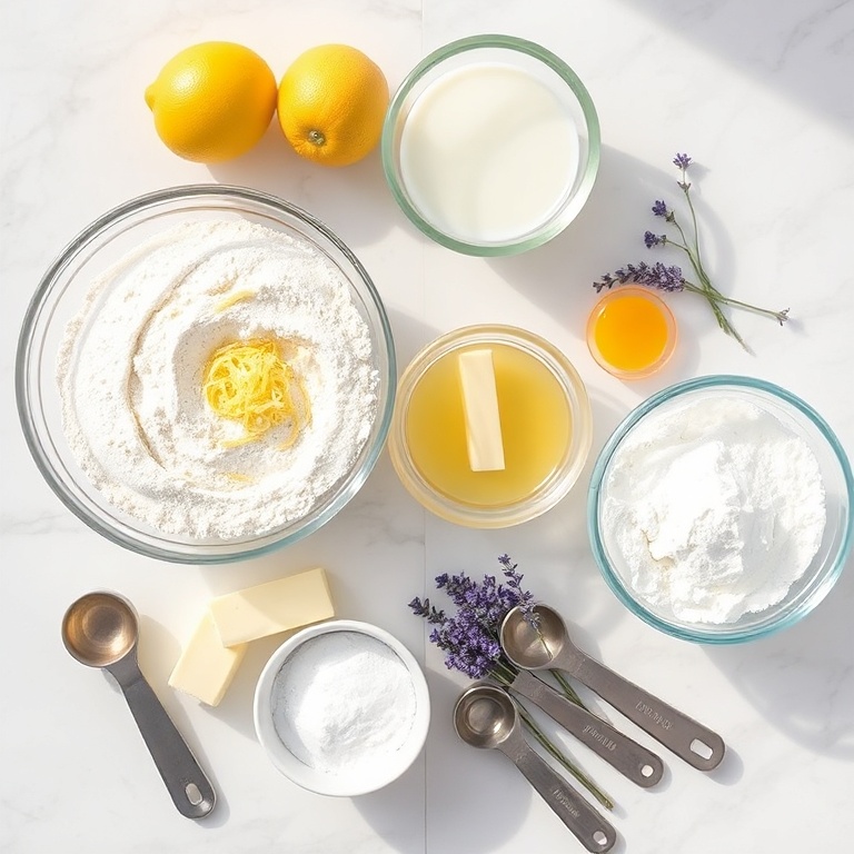 All raw ingredients for lemon lavender cake. Flour, sugar, lemon zest, butter, milk, eggs, lavender, baking powder, salt. Measuring spoons and bowls. White marble surface. Bright light.