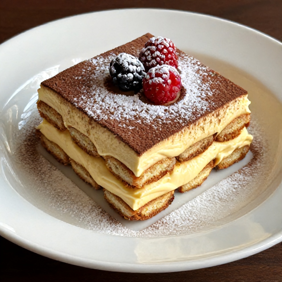 Plated lemon tiramisu dessert with a dusting of powdered sugar and fresh berries