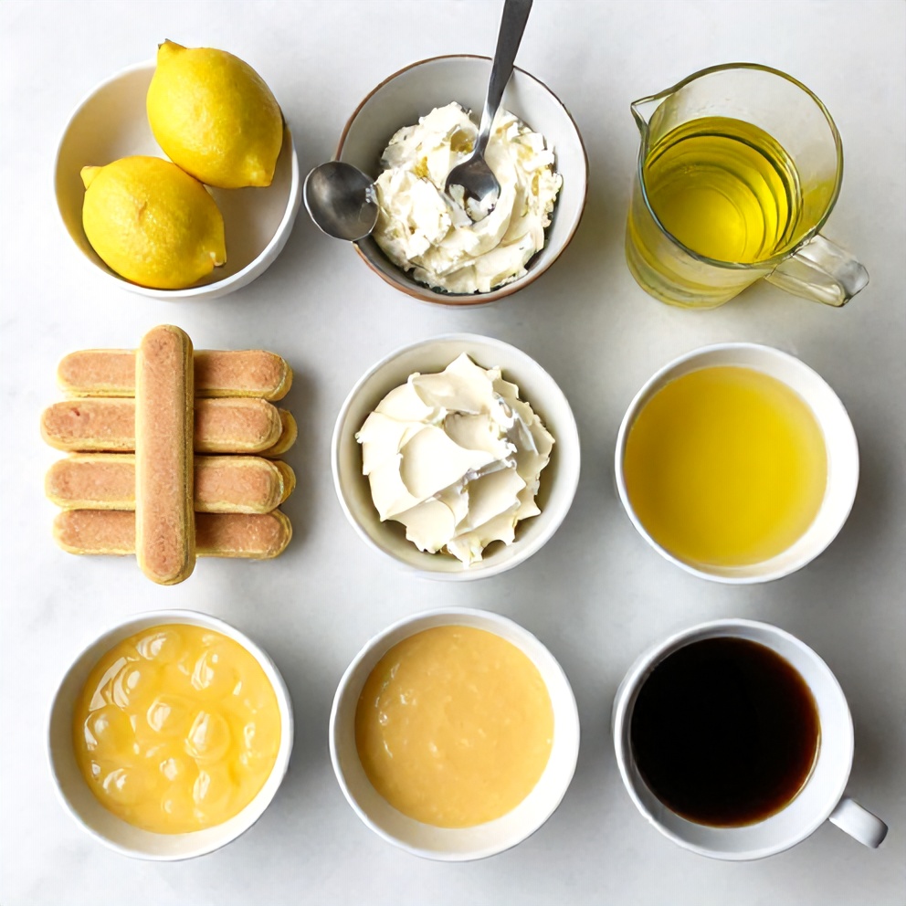 Raw ingredients for lemon tiramisu including ladyfingers, mascarpone cheese, lemon curd, limoncello, and coffee
