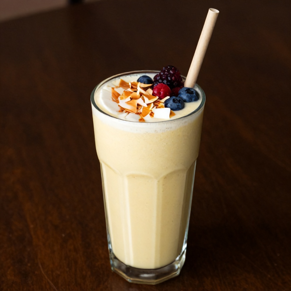 Mango Coconut Protein Shake poured in a glass with a straw
