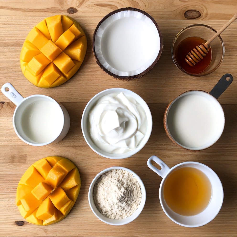 Raw ingredients for Mango Coconut Protein Shake on a wooden surface