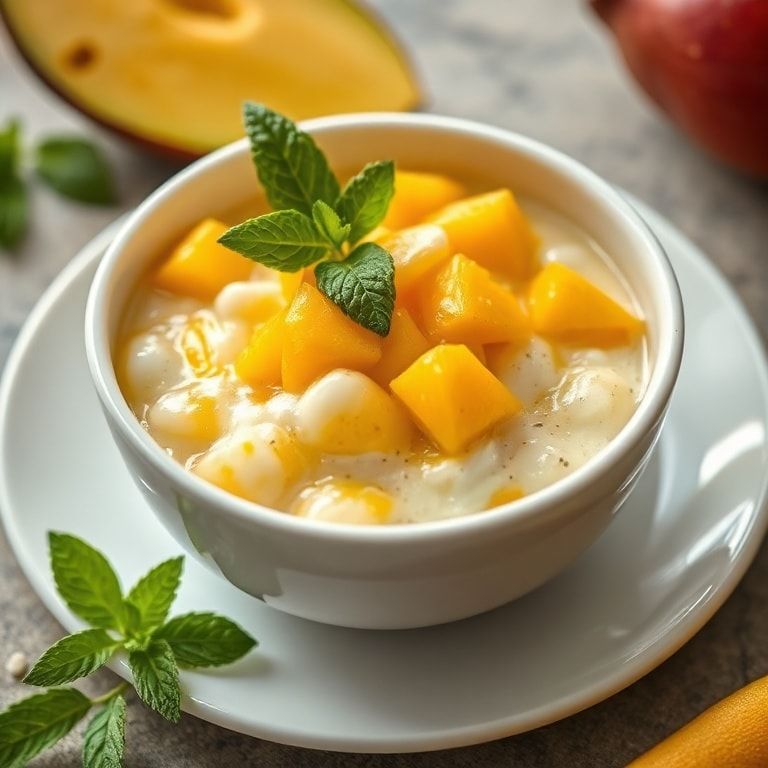 Plated serving of mango sago dessert topped with fresh mango cubes and mint on a white ceramic bowl with warm side light highlighting creamy texture