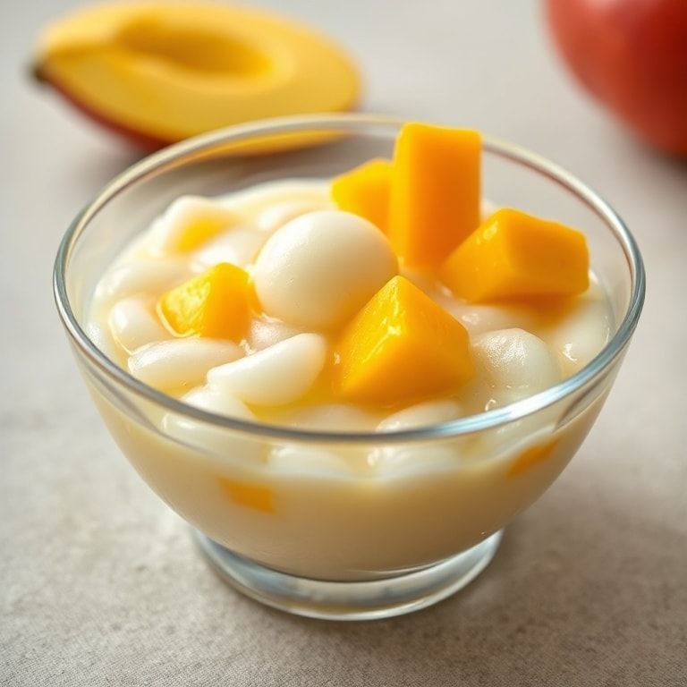 Single serving of Mango Sago Dessert garnished with fresh mango cubes in a clear glass bowl with warm side lighting.