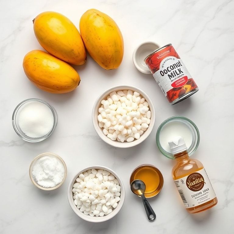 Overhead flat lay of raw ingredients for mango sago dessert including fresh mangoes, pearl sago, coconut milk, sugar, and mint leaves with measuring cups