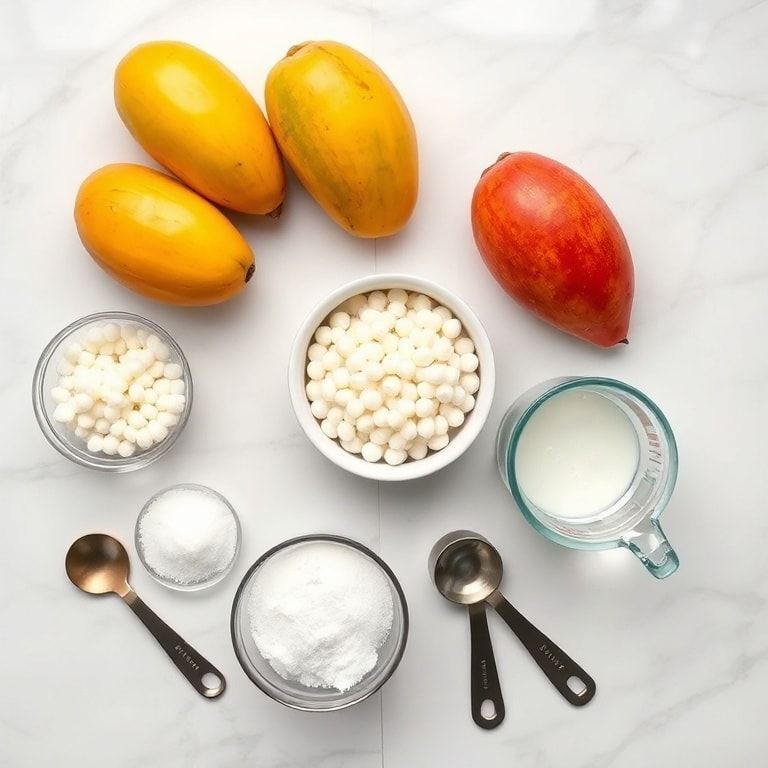 Raw ingredients for Mango Sago Dessert including ripe mangoes, small sago pearls, coconut milk, sugar, and water arranged with prep bowls on white marble surface.