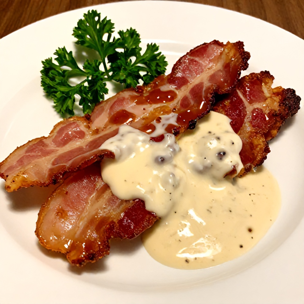 Plated maple bacon pork chops with creamy Dijon sauce