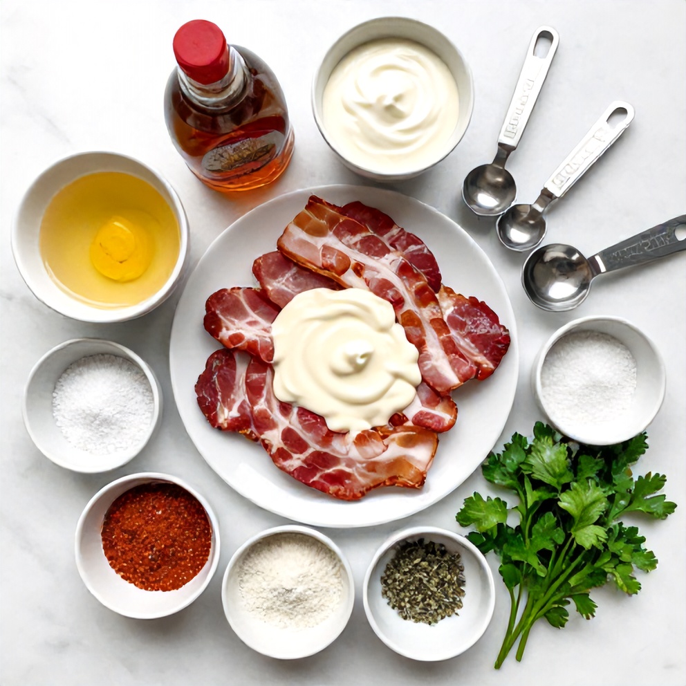 Raw ingredients for maple bacon pork chops with creamy Dijon sauce
