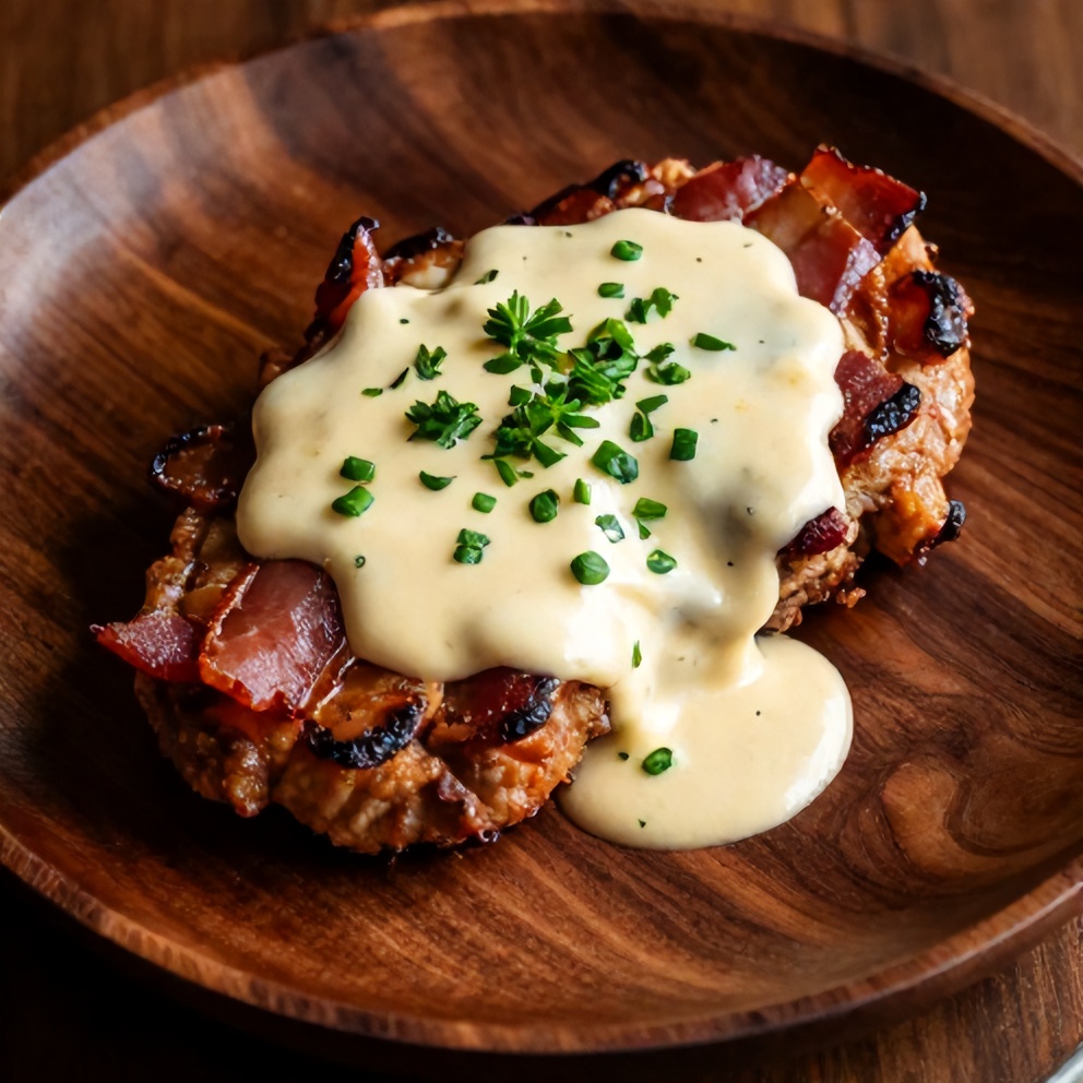 Plated Maple Bacon Pork Chops with Creamy Dijon Mustard Sauce
