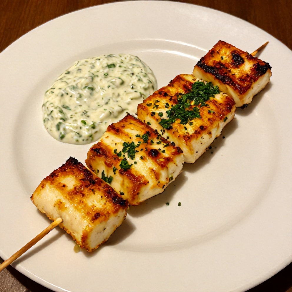Plated Halloumi Skewers with Creamy Herb Sauce
