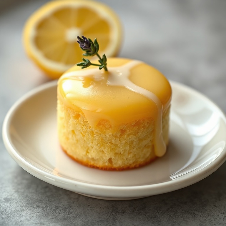 Single mini lemon cake with lavender glaze garnished with lavender sprig
