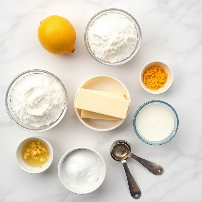 Raw ingredients for mini lemon cakes with lavender glaze laid out overhead