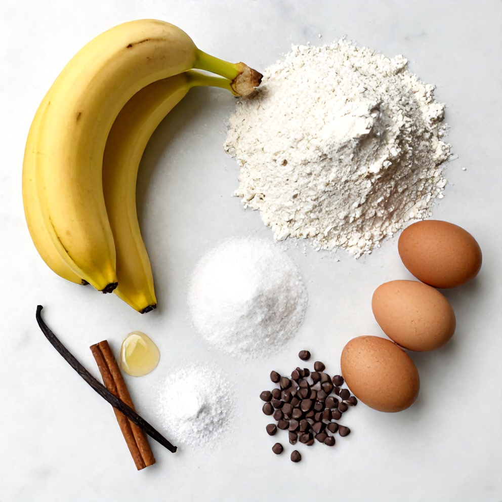 Banana, Flour, Sugar, Eggs, Chocolate Chips, Overhead Flat Lay