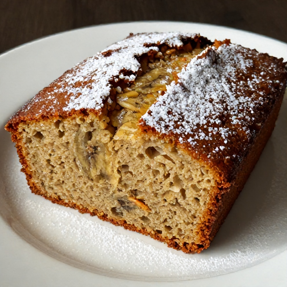 Slice of moist banana bread on a white plate