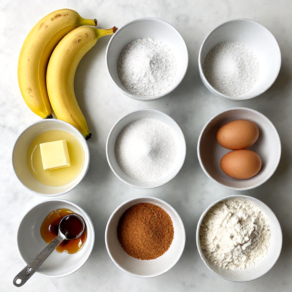 Banana bread ingredients on a marble counter
