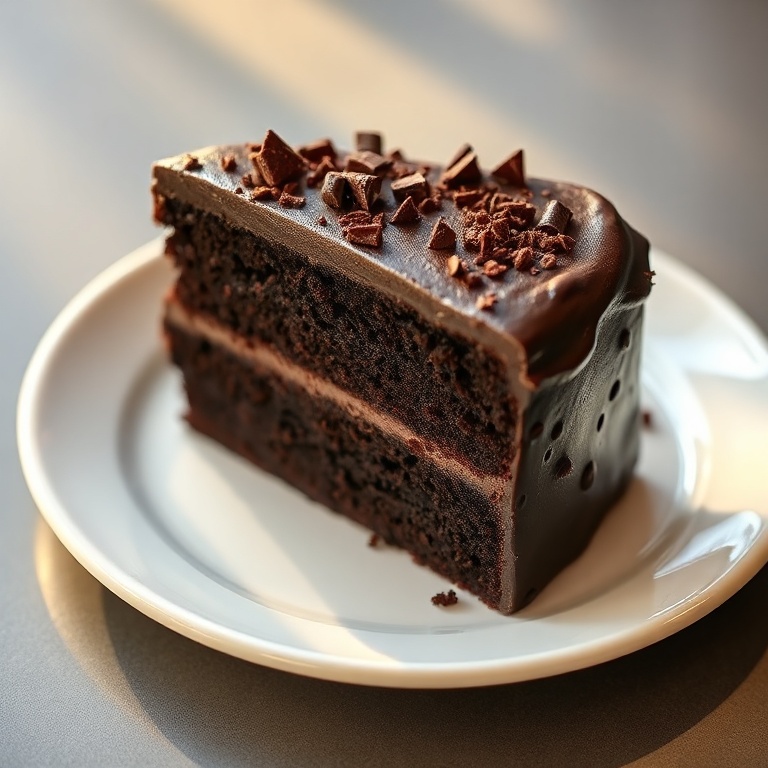 A perfect slice of moist black velvet cake with rich black cocoa frosting. Garnished with chocolate shavings on a white plate.