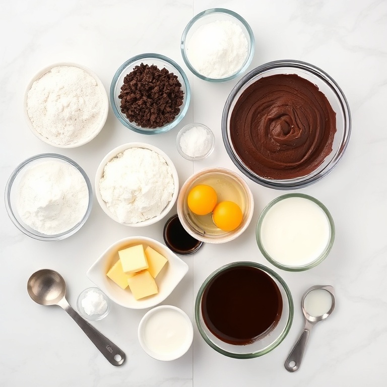 All raw ingredients for moist black velvet cake. Flour, sugar, cocoa, eggs, butter, baking powder, salt, vanilla, and milk arranged in flat lay.