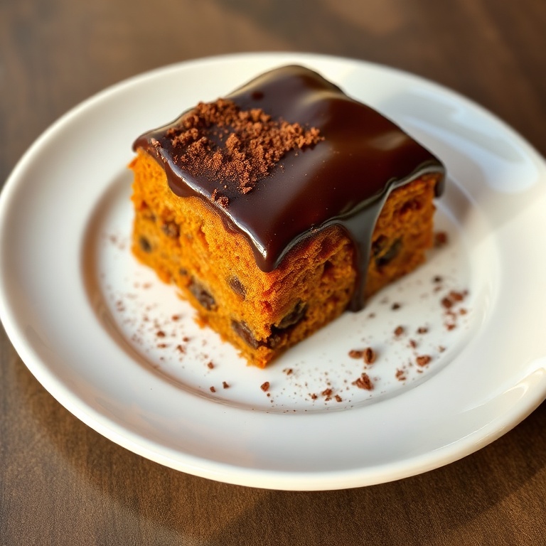 A perfectly plated serving of moist Brazilian carrot cake with rich chocolate glaze, garnished with a dusting of cocoa powder.