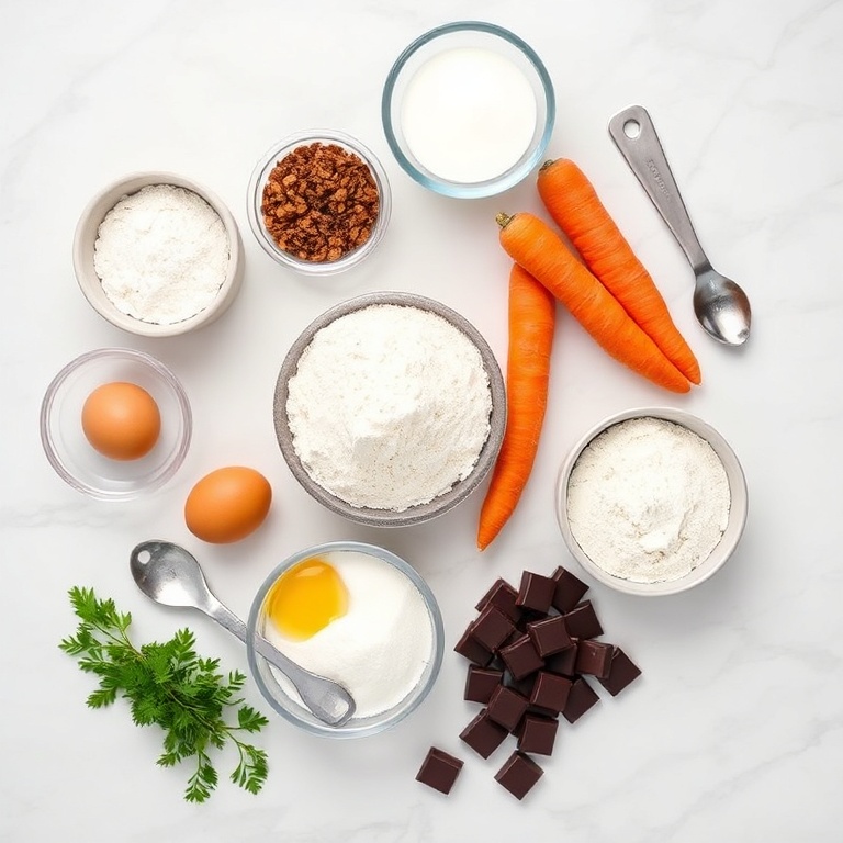 Raw ingredients for moist Brazilian carrot cake arranged in a flat lay, including carrots, flour, sugar, eggs, and chocolate.