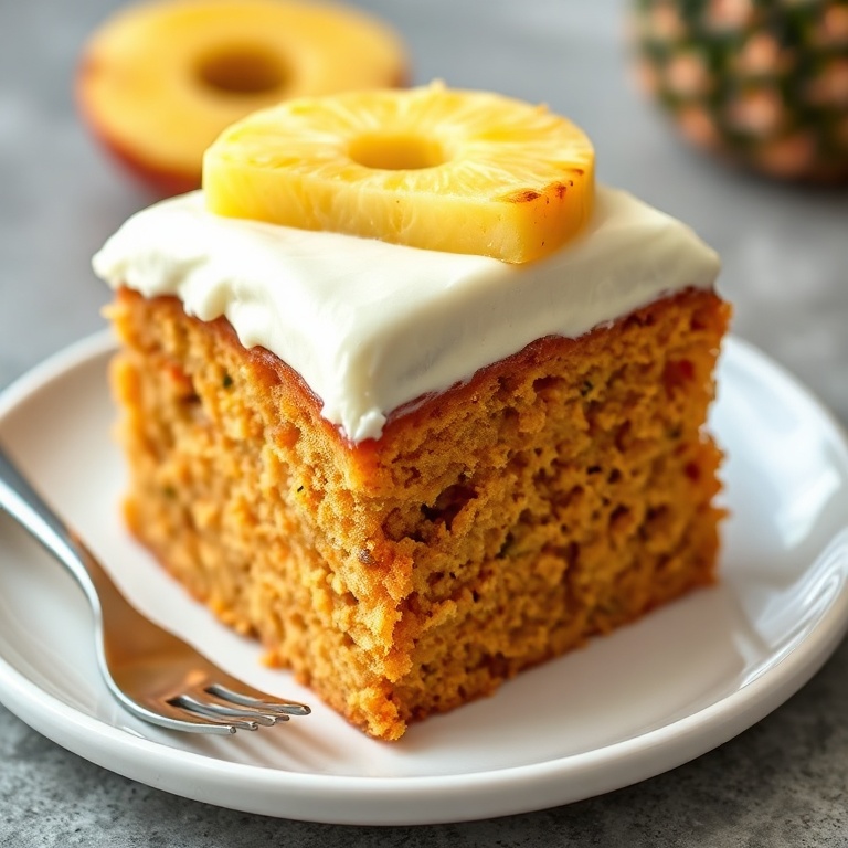 Perfectly plated Moist Hawaiian Carrot Pineapple Cake. Topped with cream cheese frosting and fresh pineapple. Close crop showing rich texture.