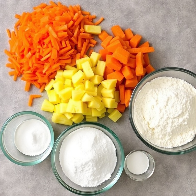Raw ingredients for Moist Hawaiian Carrot Pineapple Cake. Grated carrots, crushed pineapple, flour, sugar, baking powder. Measuring tools and bowls visible.