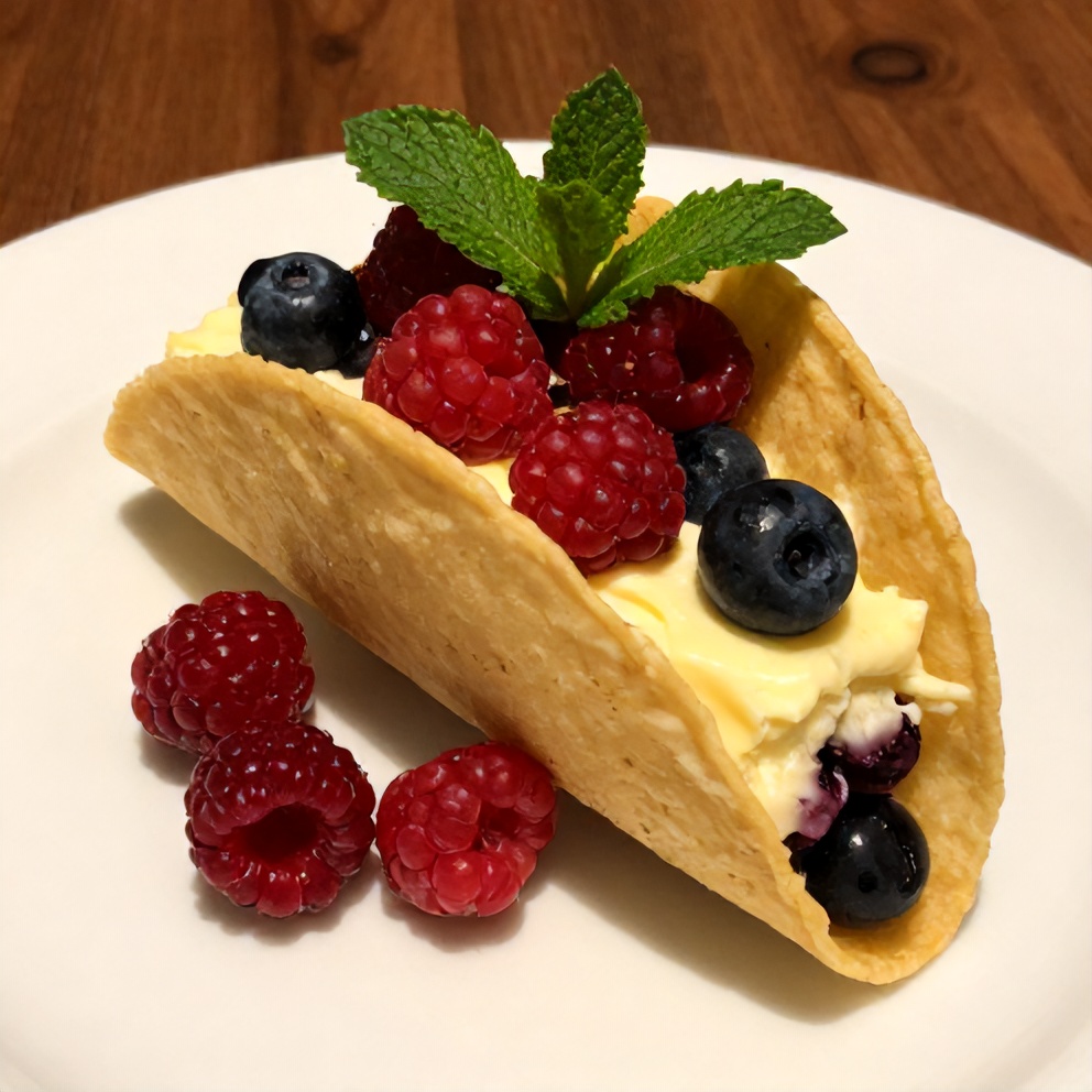 Plated No-Bake Berry Cheesecake Tacos with fresh berries