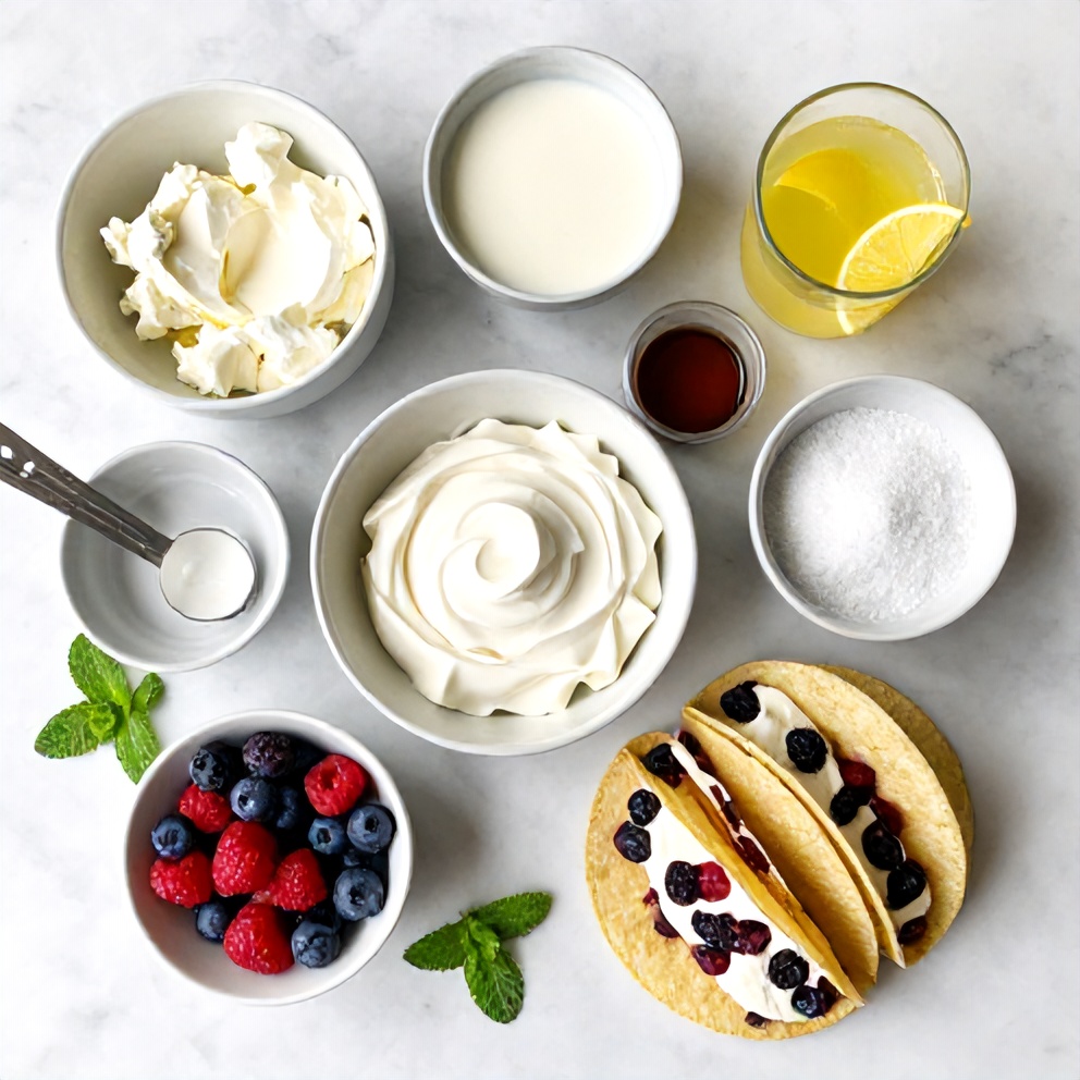 Raw ingredients for No-Bake Berry Cheesecake Tacos on a marble surface