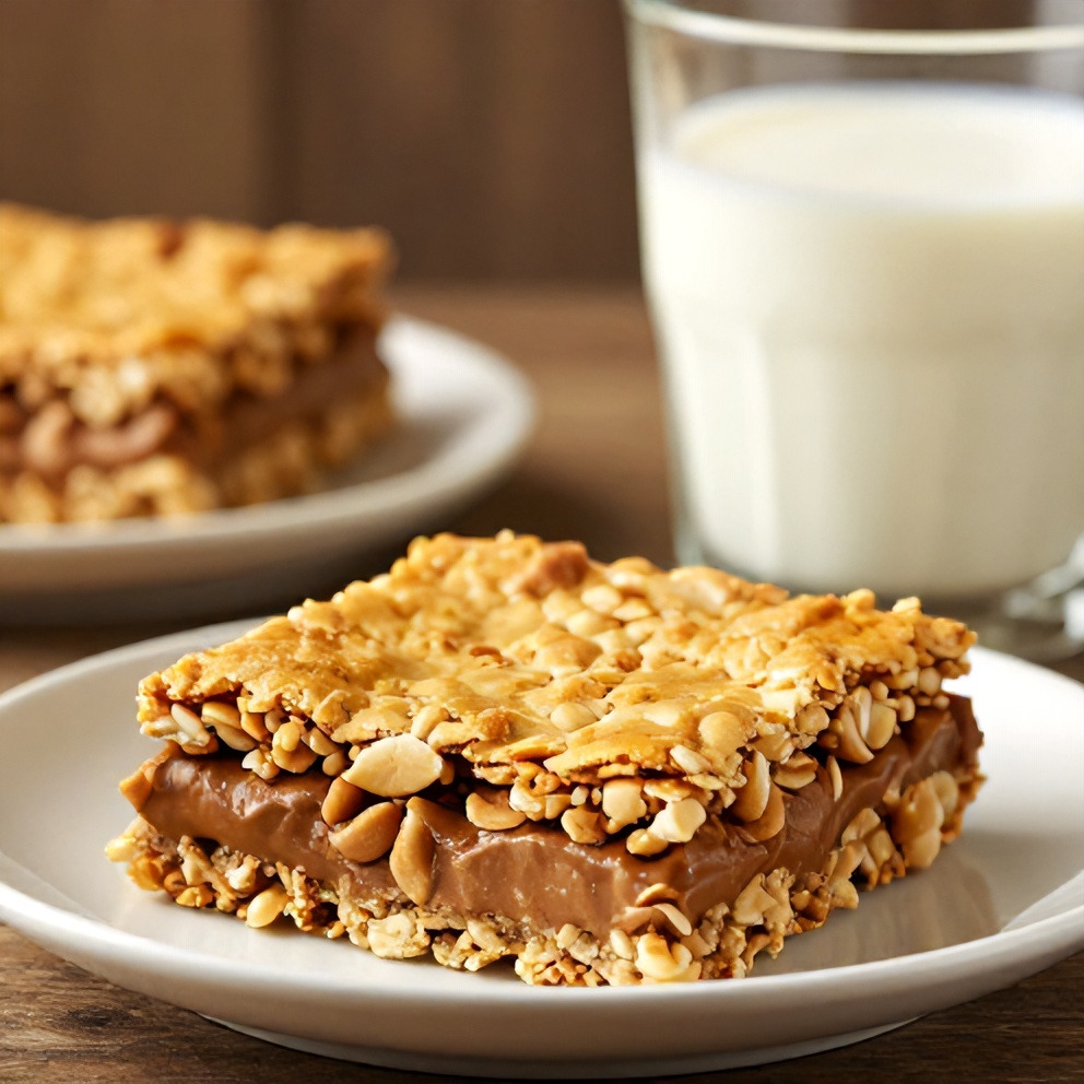 Plated no-bake peanut butter oat bar with a glass of milk