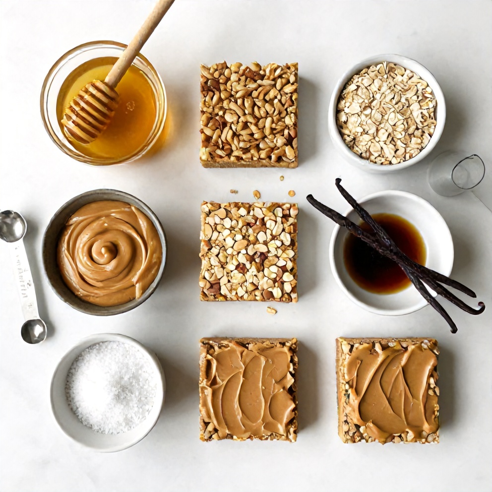 Ingredients for no-bake peanut butter oat bars on a marble counter