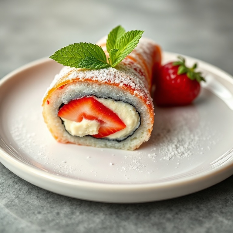 Single sliced strawberry shortcake sushi roll on white ceramic plate garnished with mint leaves and powdered sugar