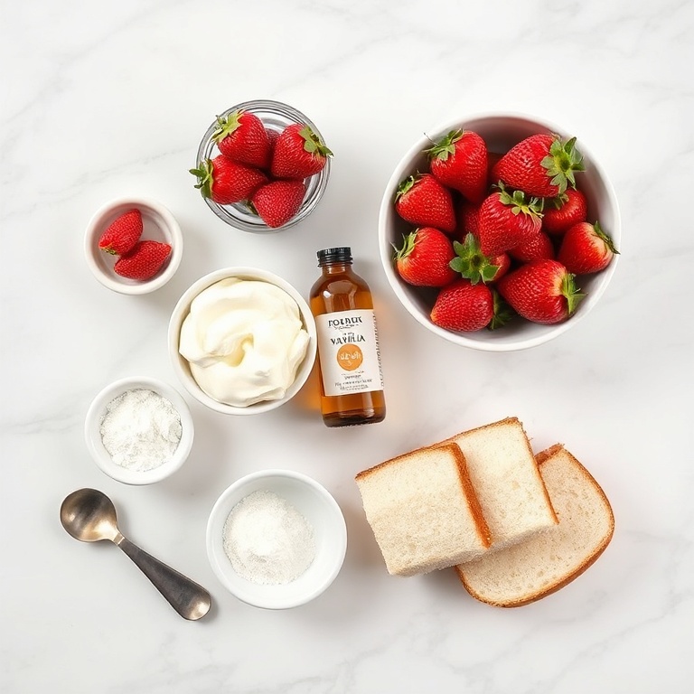 Overhead view of fresh strawberries, cream cheese, pound cake, powdered sugar, and vanilla extract arranged with measuring spoons on white marble surface