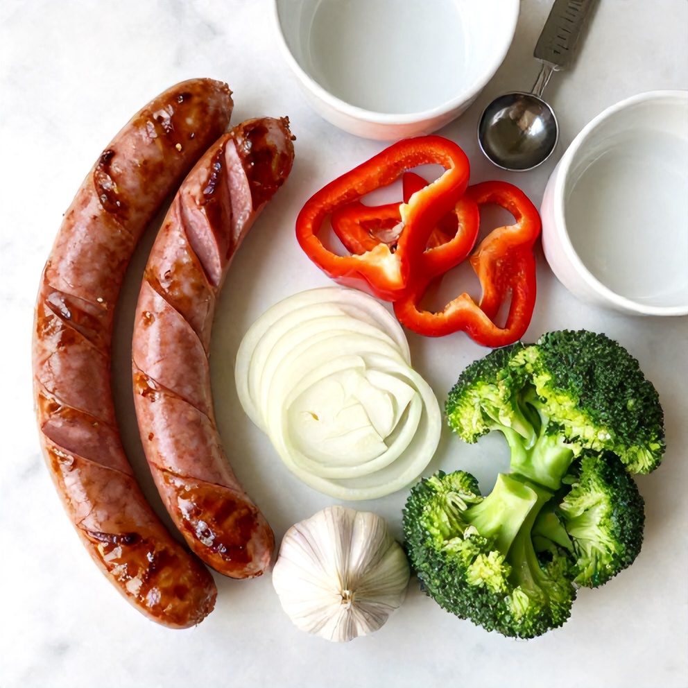 Raw ingredients for one-pot honey garlic kielbasa and veggies