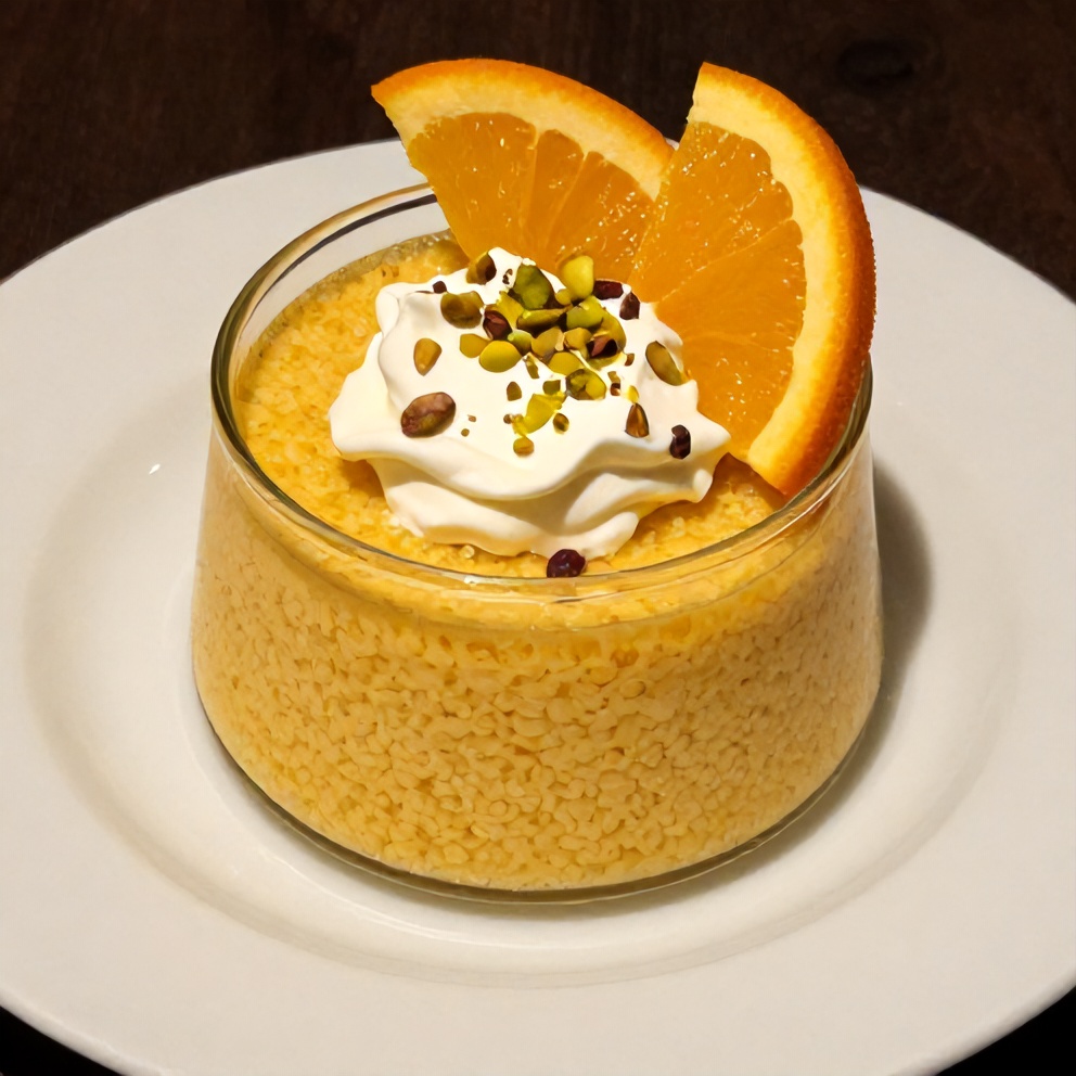Orange Blossom Semolina Pudding with Pistachios plated