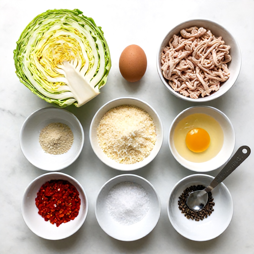 Raw ingredients for oven-baked cabbage burgers on a marble surface