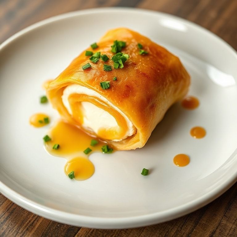 Single crispy oven baked feta roll on white ceramic plate garnished with fresh herbs and chili honey drizzle