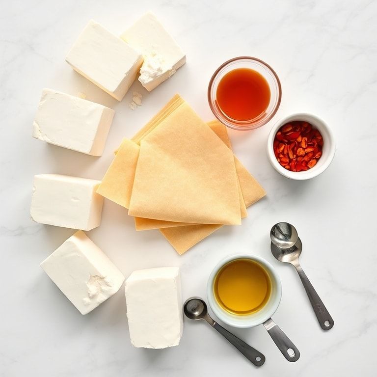 Overhead flat lay of raw ingredients including feta cheese, phyllo dough, honey, chili flakes, and olive oil with measuring spoons on white marble surface