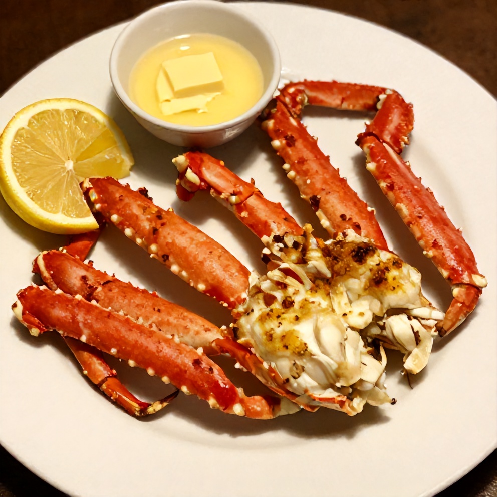 Plated snow crab legs with lemon wedges and melted butter