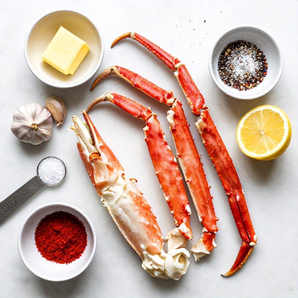 Raw snow crab legs, garlic, butter, lemon, and seasonings on a marble surface