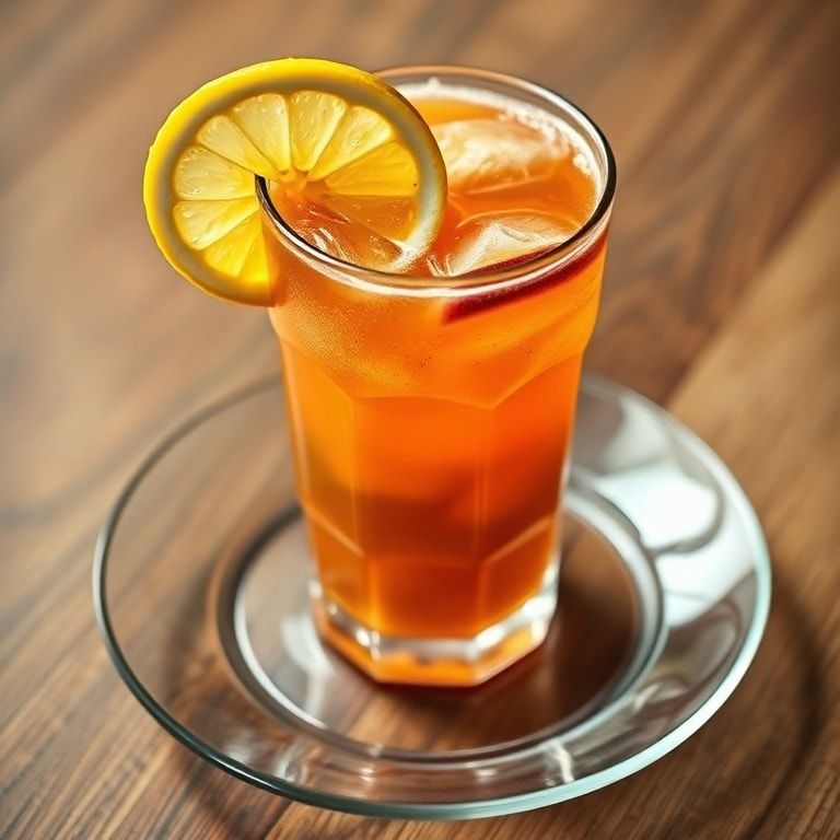Close-up of a glass of passion fruit iced tea garnished with lemon slice and fresh passion fruit pulp