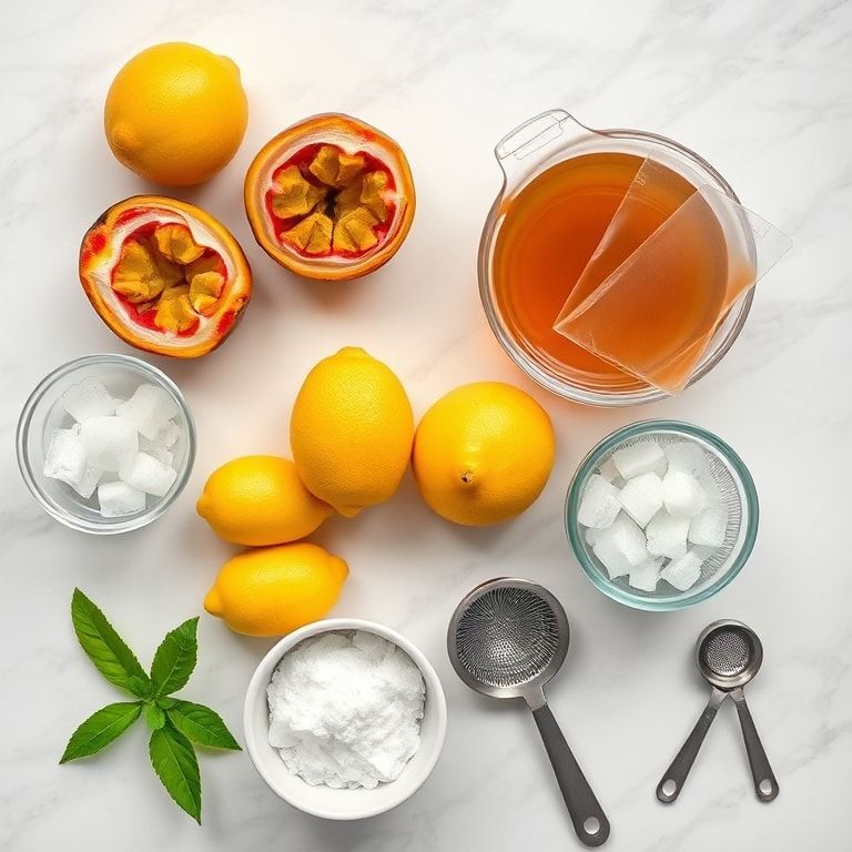Overhead shot of fresh passion fruits, tea bags, lemons, sugar, and ice in measuring cups and prep bowls