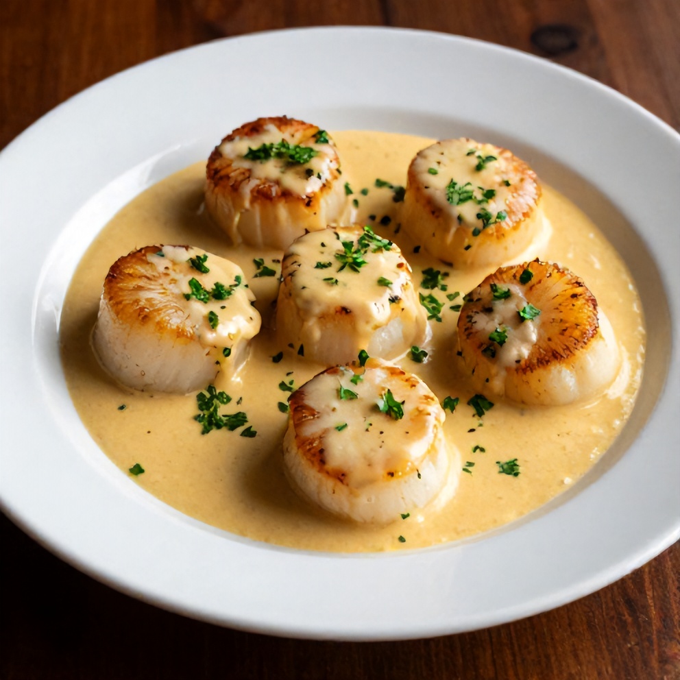 Close-up of Quick Cajun Scallops with creamy mustard sauce
