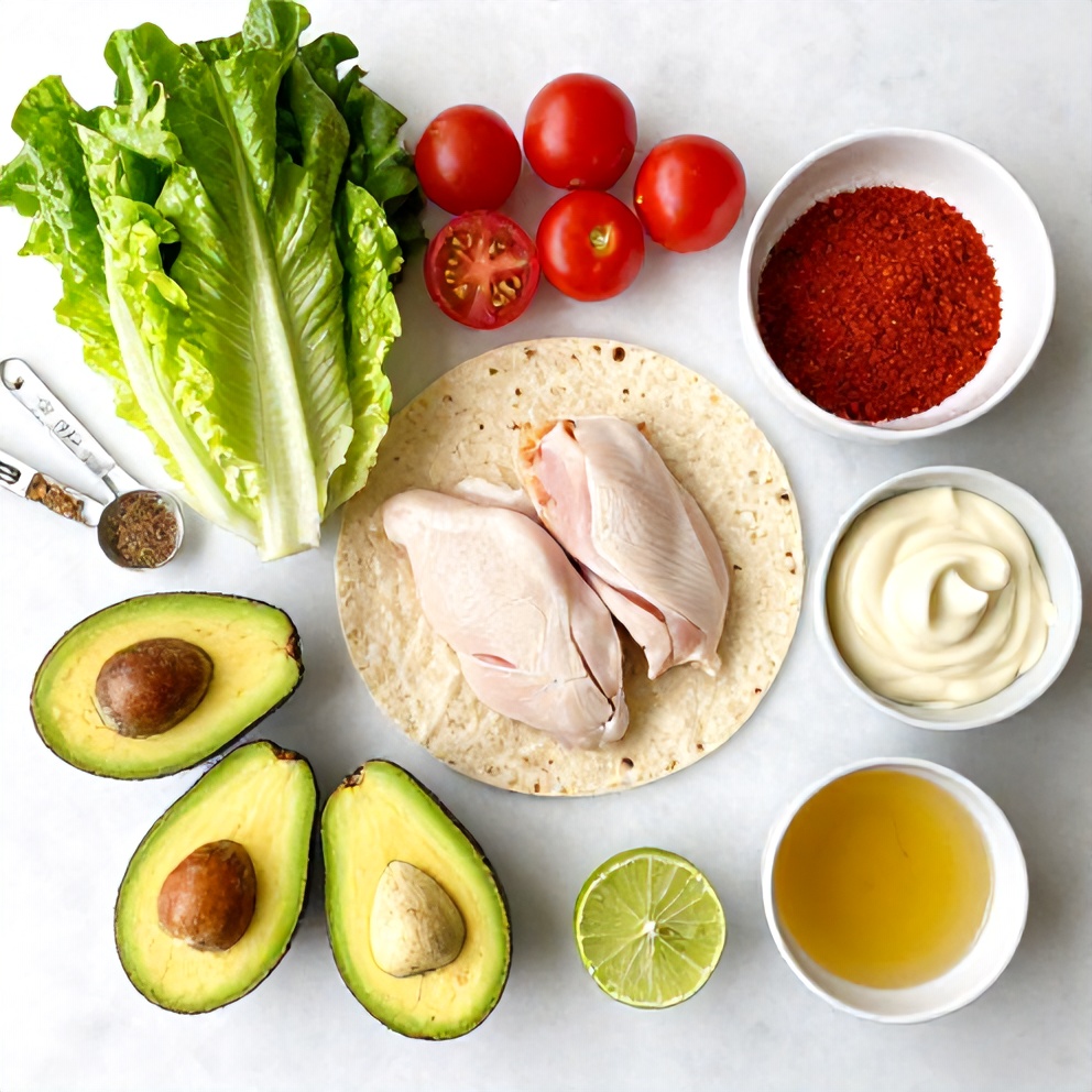 Raw ingredients for chicken avocado wrap