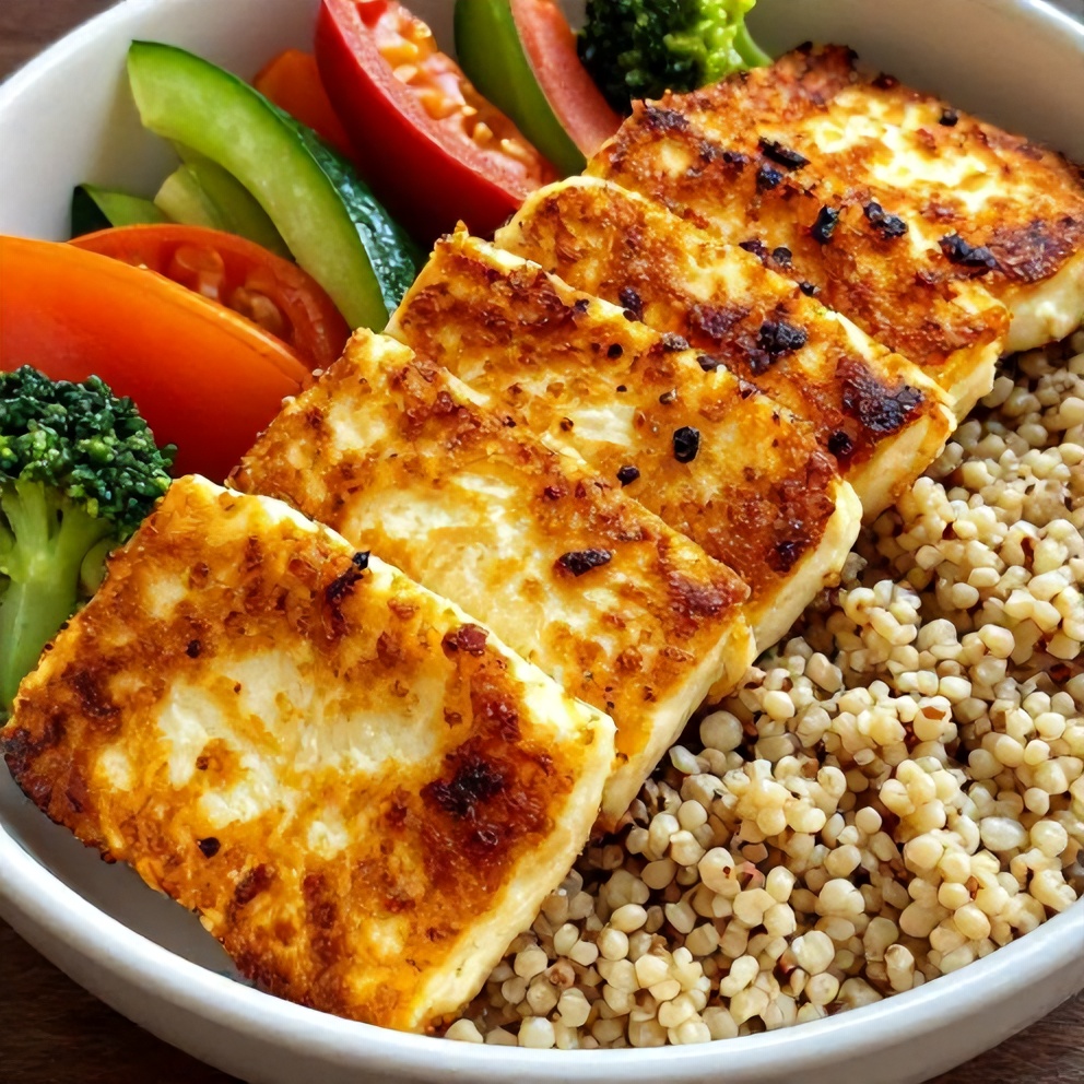 Quick Crispy Halloumi Greek Power Bowl