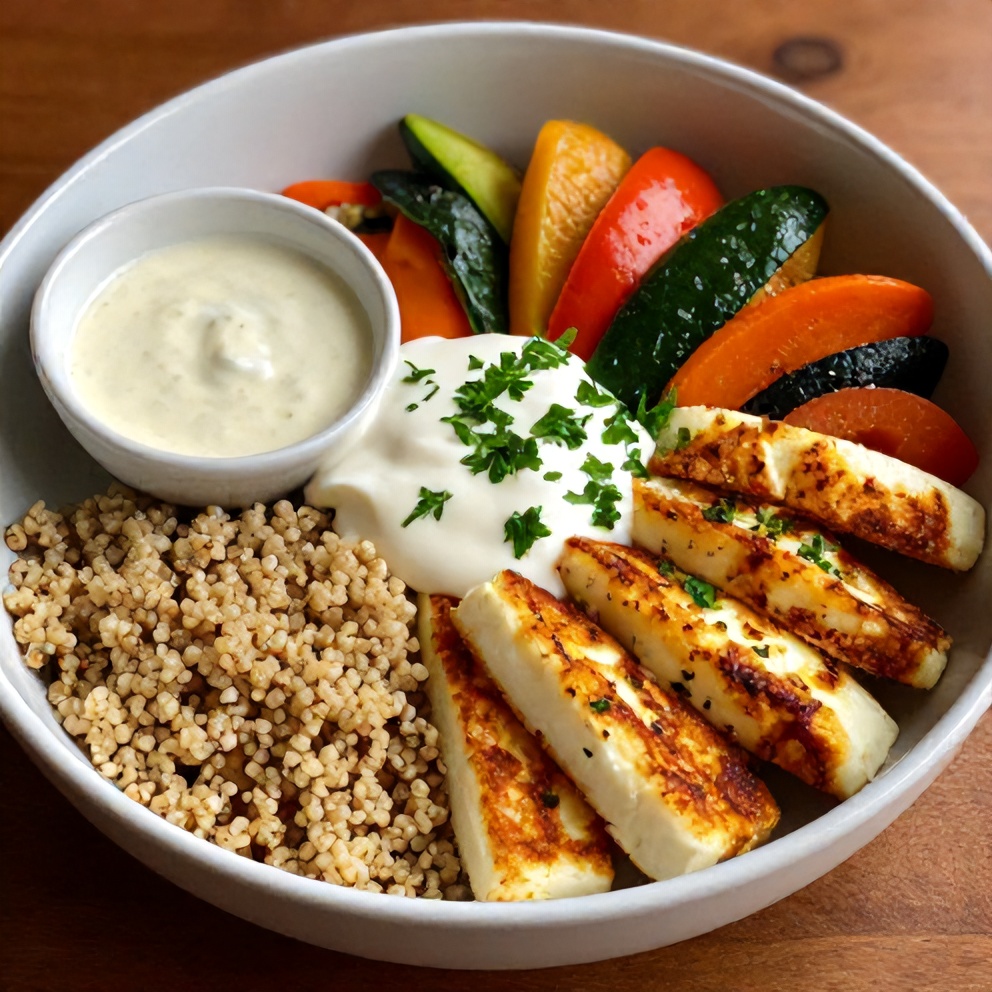 Plated Halloumi Greek Power Bowl with Lemon Dressing