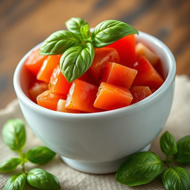 Tomato salad in a white bowl with fresh herbs on top