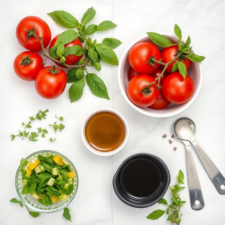 Tomatoes, basil, oregano, olive oil, and balsamic vinegar in a flat lay