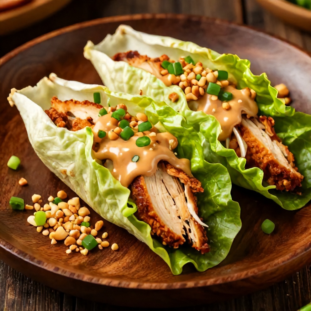 Plated chicken lettuce wraps with peanut sauce