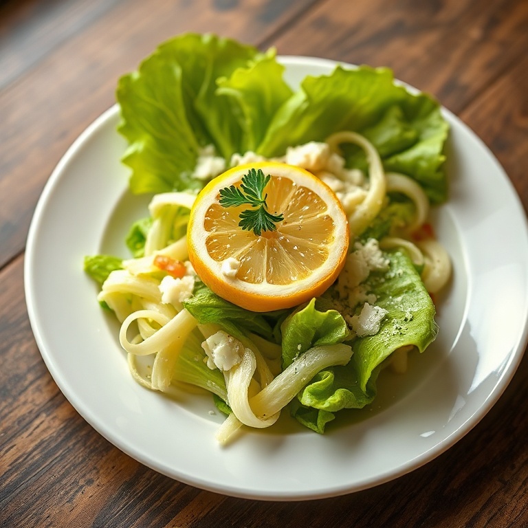 Lettuce salad with parmesan and lemon. Garnished with parsley. White ceramic plate. Warm lighting. Photorealistic food photography