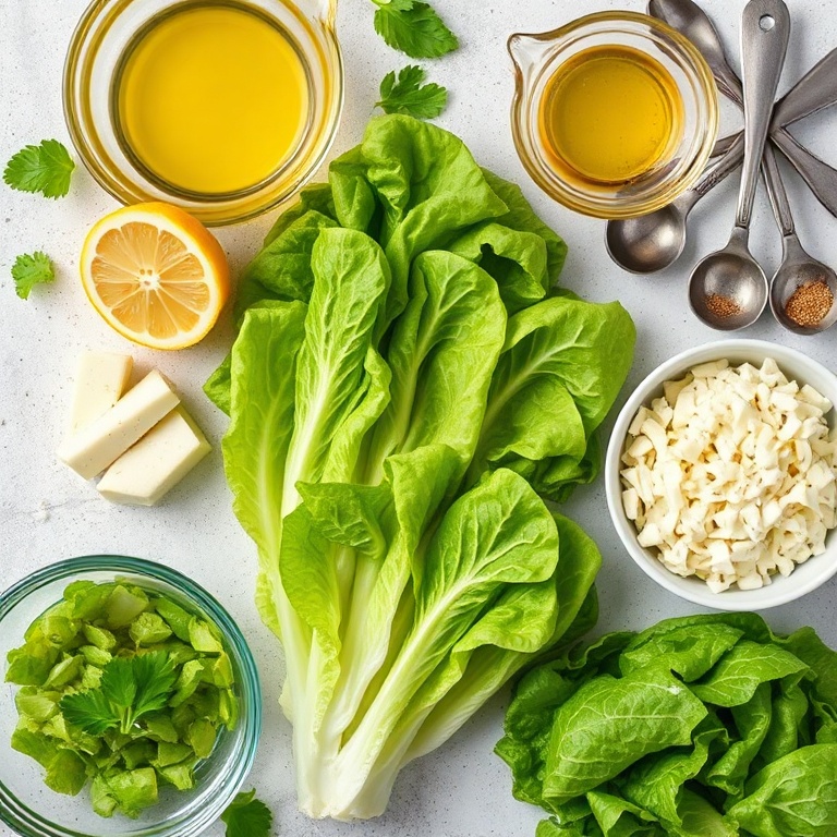 Fresh romaine, lemon, parmesan cheese, olive oil, garlic. Overhead flat lay. Prep bowls and measuring spoons. Bright even light