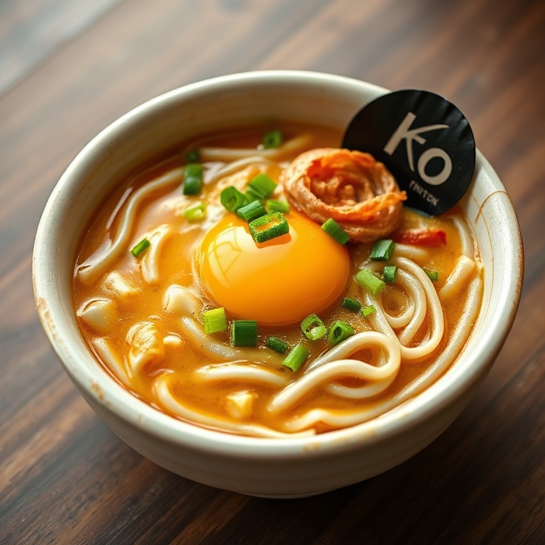 Close-up of a single serving of quick TikTok ramen garnished with fresh green onions and crispy garlic on a rustic bowl.